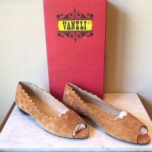Vaneli Tan Suede Scalloped Peep-Toe Flats